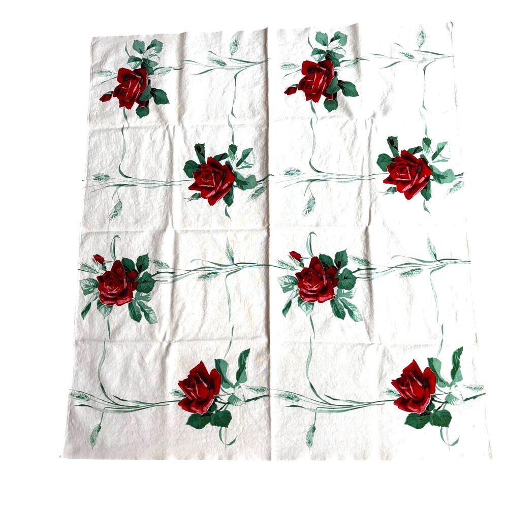 Vintage 50s printed cotton table topper tablecloth red roses on white rectangle